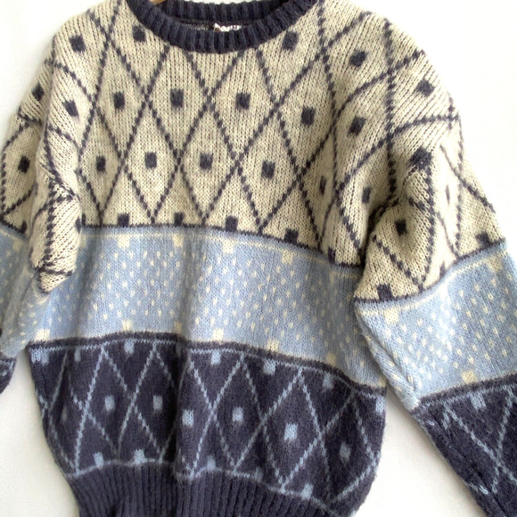 ALAFOSS ICEWOOL Vintage Fair Isle Wool Knit Sweater Blue/Gray Size M - Picture 2 of 4